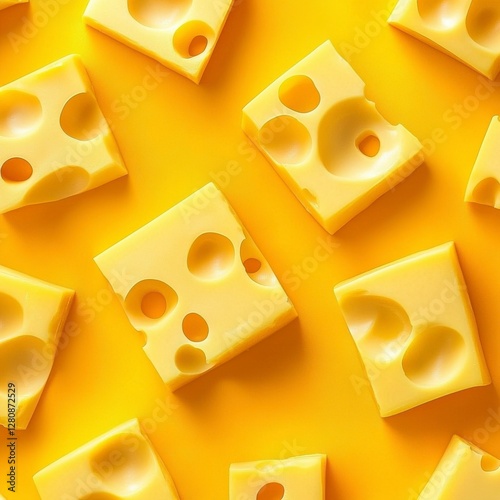 Cubed Swiss Cheese Pieces Dotted with Holes Against a Vibrant Yellow Food Background