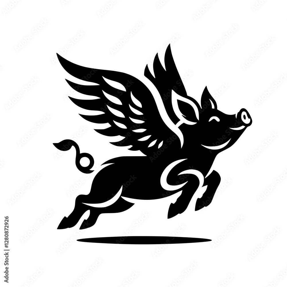 A black silhouette of a flying pig with wings is depicted in a playful and imaginative manner, emphasizing freedom and fun in a simple artistic style. A black silhouette of a flying pig with wings is depicted in a playful and imaginative manner, emphasizing freedom and fun in a simple artistic style.