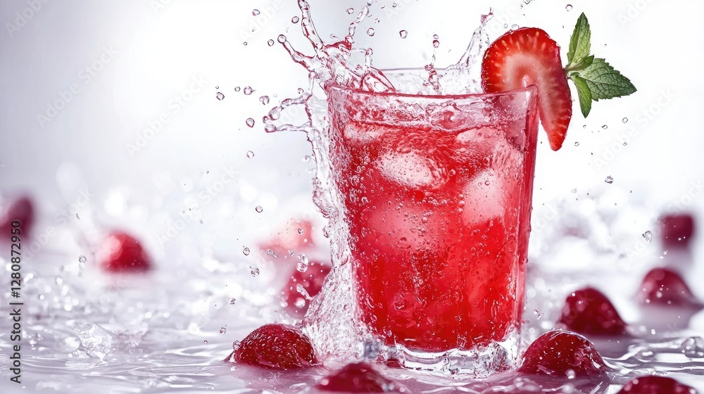 Refreshing strawberry drink with ice water splash and fresh garnish Refreshing strawberry drink with ice water splash and fresh garnish