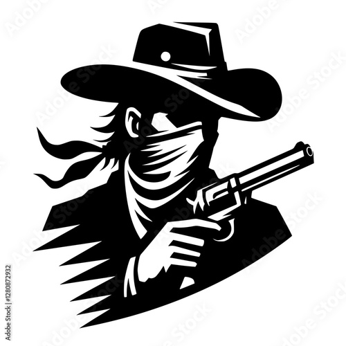 A gunslinger grips a revolver, shrouded in mystery. The character's hat and bandana add intrigue, creating an iconic western feel. A striking black and white design enhances the drama.