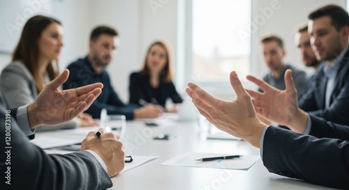 Business Meeting Hands Gesturing Corporate Discussion Team Collaboration Office Conference