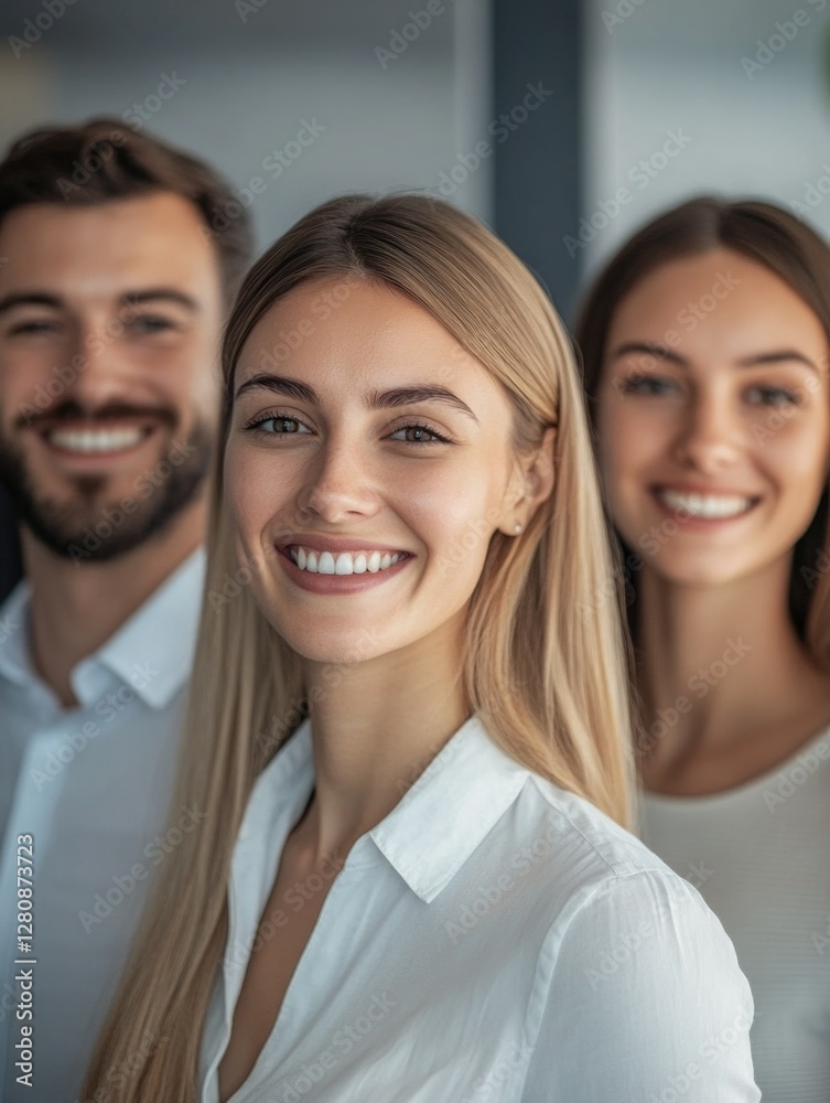 Beautiful and confident business people smiling for a corporate photo session, exuding professionalism and unity. Beautiful and confident business people smiling for a corporate photo session, exuding professionalism and unity.