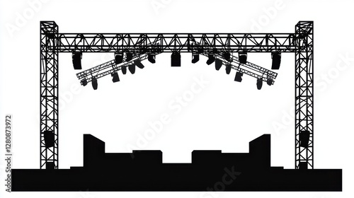 Detailed Stage Lighting Truss Structure with Multiple Spotlights and Dark Base Silhouette