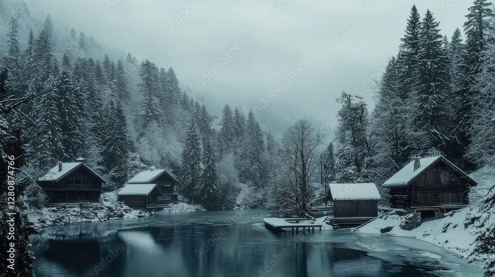 Obraz premium Serene Winter Landscape with Snowy Cabins by Tranquil Lake