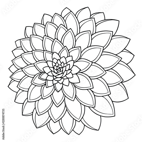 Detailed Dahlia Flower Coloring Page: Intricate Floral Mandala Design for Relaxation & Creative Art Therapy, Printable Black & White Outline
