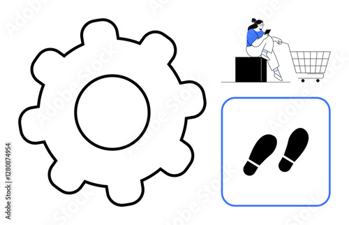 Large gear, person with shopping cart, footprints icon. Ideal for concepts in process, consumer behavior, navigation, decision-making, operations logistics workflow. Simple abstract line flat