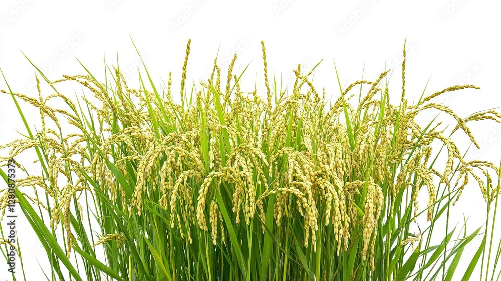 Fototapeta premium modern agricultural wheat field photography with golden ripe ears of rice isolated on pure white background for food industry and harvest concepts