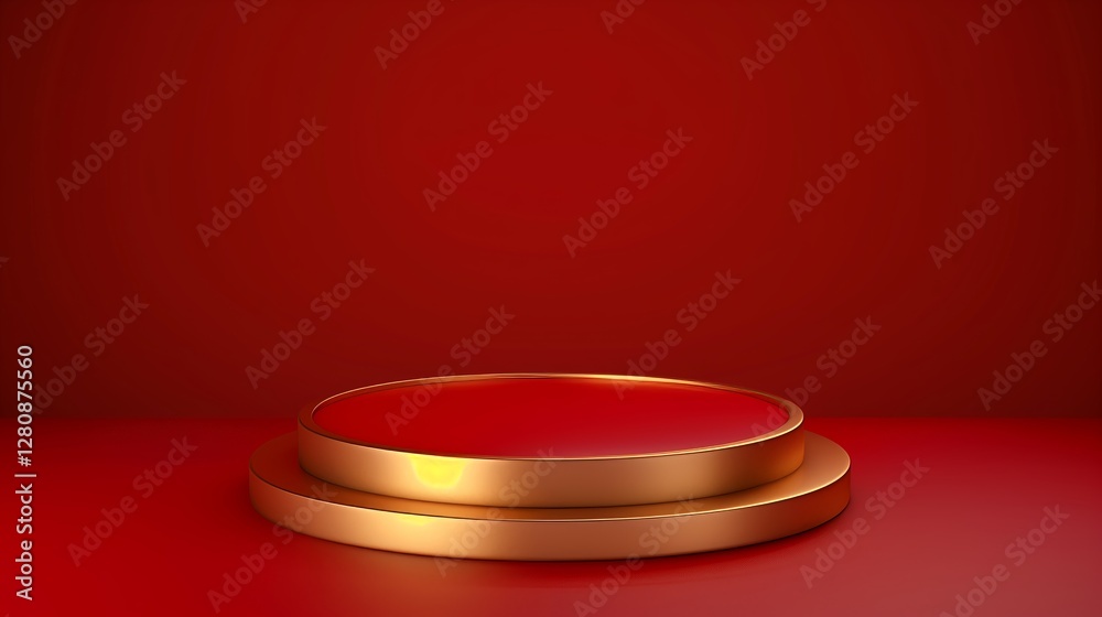 Red background, empty product display podium on red floor with dark maroon background. Simple and clean design Red background, empty product display podium on red floor with dark maroon background. Simple and clean design