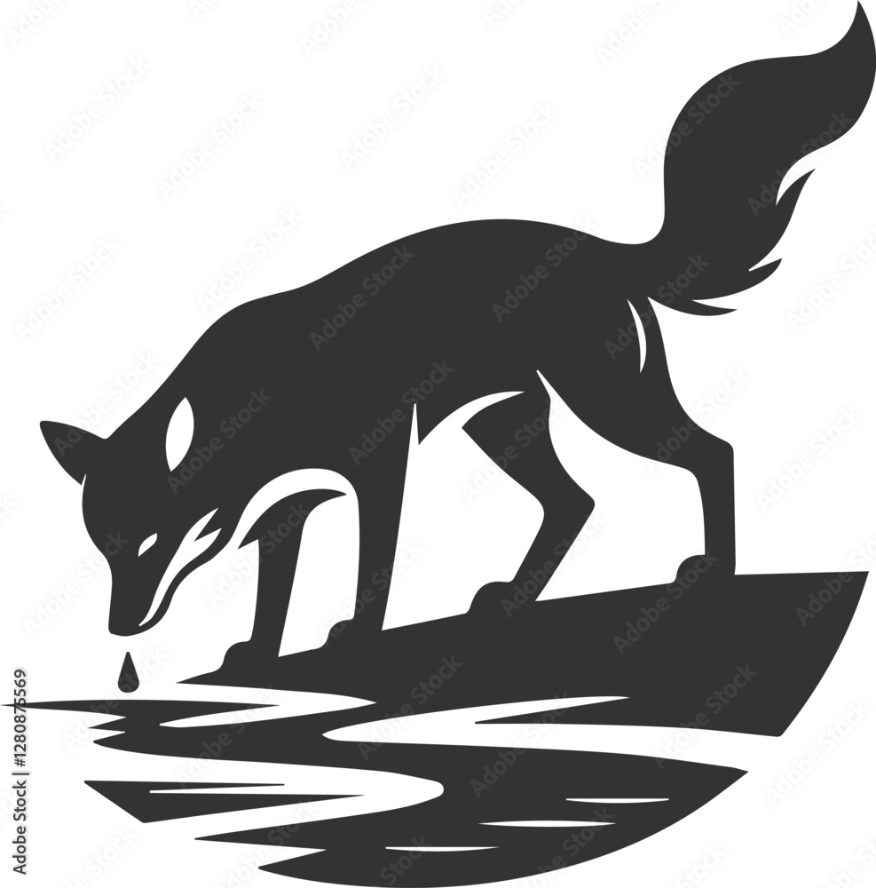 A fox drinking water from a stream animal vector silhouette A fox drinking water from a stream animal vector silhouette