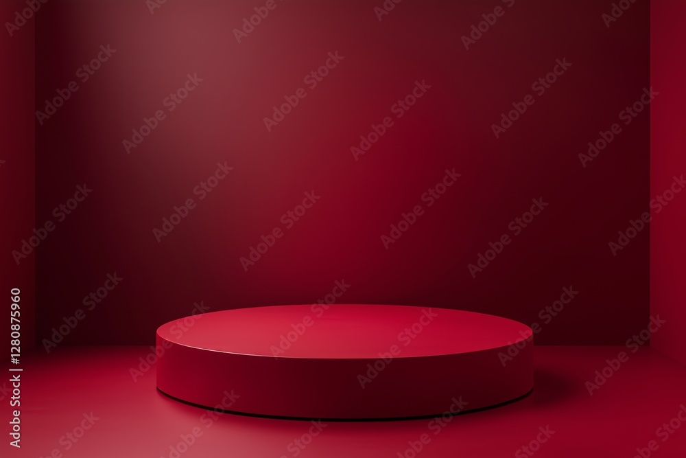 Red background, empty product display podium on red floor with dark maroon background. Simple and clean design Red background, empty product display podium on red floor with dark maroon background. Simple and clean design