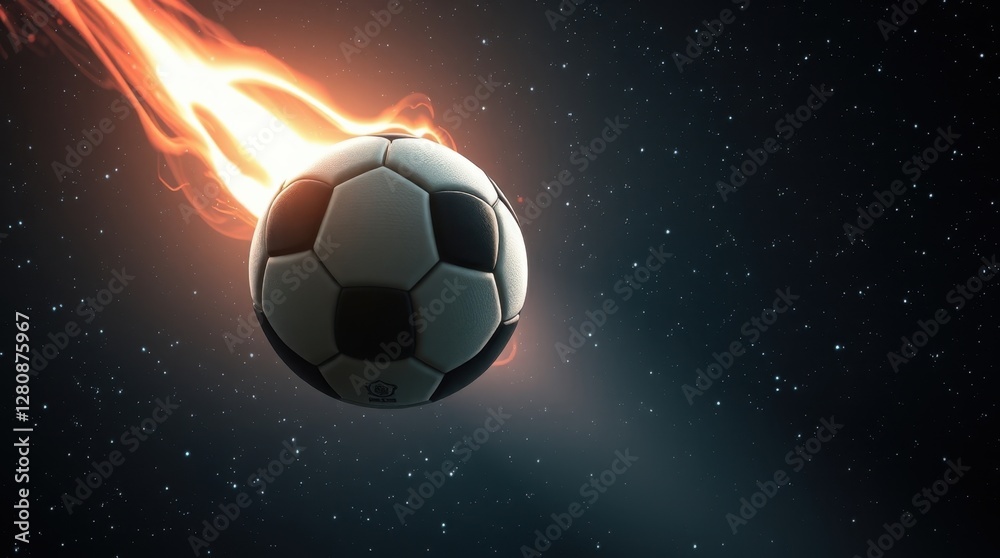 Fototapeta premium Exciting soccer ball flies through the cosmos, illuminated by a fiery trail under a starry sky at night