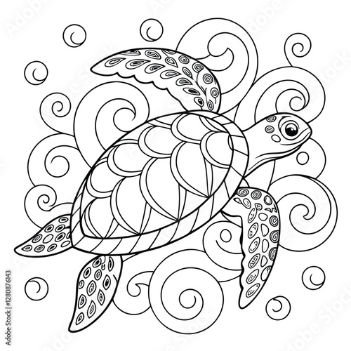 Sea Turtle Coloring Page: Detailed Zentangle Style Turtle Illustration for Relaxation and Creative Fun, Printable Art Therapy Activity