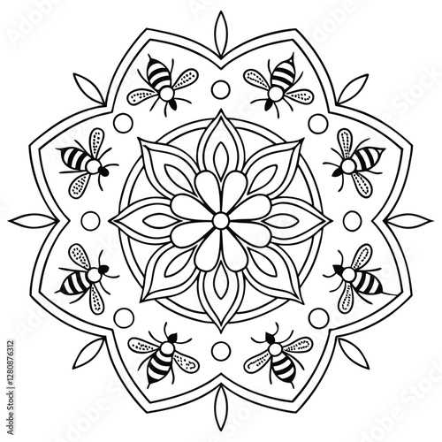 Bee Mandala Coloring Page: Intricate Floral Design with Bees, Printable Insect Art Therapy, Detailed Flower Pattern for Relaxation