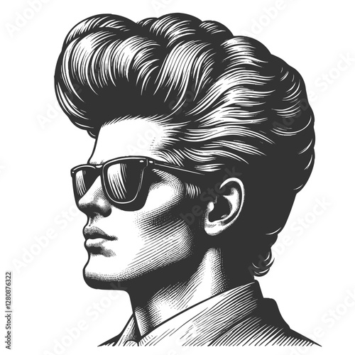 fashionable man with exaggerated, voluminous hair and a beard, wearing sunglasses and a tuxedo, surrealism with vintage aesthetics sketch engraving generative ai vector. Scratch board. Black and white