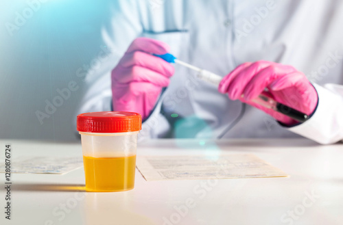 Doctor laboratory assistant in pink gloves performs research against the background of urine analysis. Concept of testing urine for sand and hematuria. Kidney disease. Copy space for text