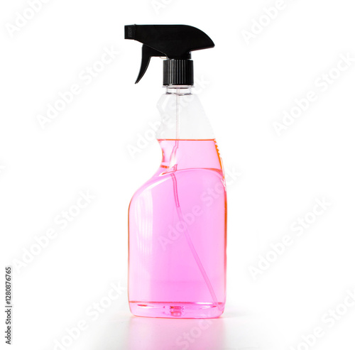 Bottle with a sprayer and pink liquid on a white background, isolate. Winter glass and ice lock defroster, anti-ice, close-up