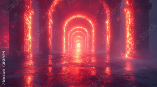 surreal scene of glowing arches with fiery light illuminating misty corridor, creating otherworldly atmosphere