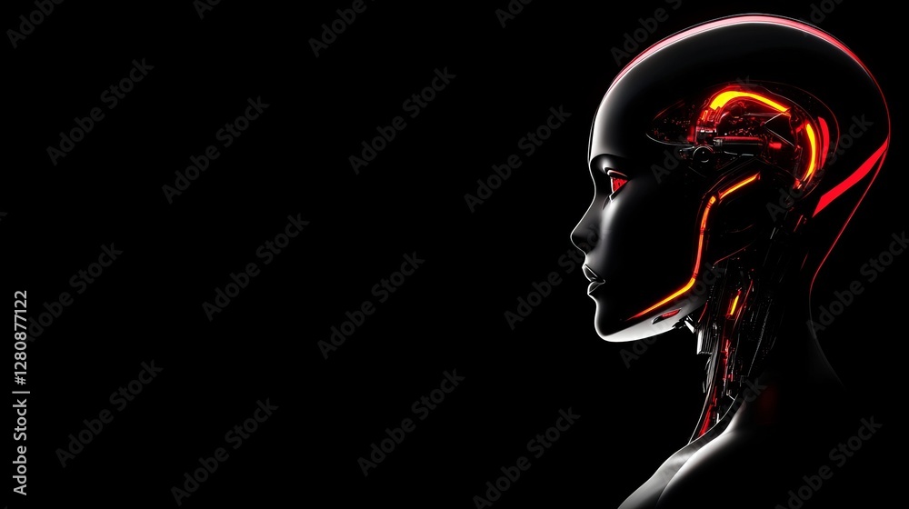 Side profile of a female cyborg, glowing red inner workings visible against a black background. Futuristic, sci-fi concept. Side profile of a female cyborg, glowing red inner workings visible against a black background. Futuristic, sci-fi concept.