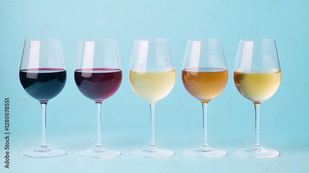 Five Wine Glasses Displaying Various Shades Of Wine Against Light Blue Background Five Wine Glasses Displaying Various Shades Of Wine Against Light Blue Background