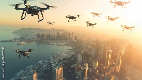 Drone Swarm Cityscape Sunset Aerial Survey