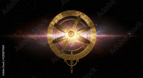 Celestial Navigator A mystical astrolabe dances in zero gravity space