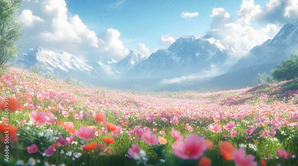 Pink flower field, mountain backdrop, sunny day, idyllic scene, travel poster Pink flower field, mountain backdrop, sunny day, idyllic scene, travel poster
