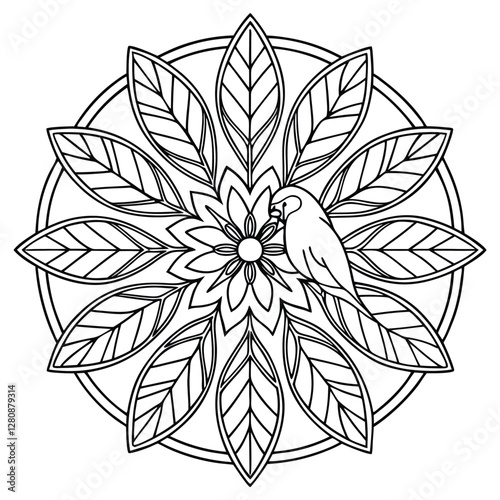 Bird Mandala Coloring Page: Intricate Floral Design with Bird Illustration, Printable Art for Relaxation and Creative Expression