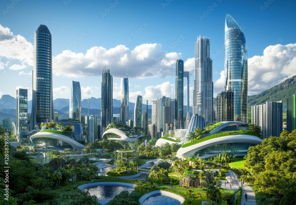Obraz premium A vibrant skyline boasts sleek, eco-friendly buildings in harmony with nature, highlighting innovation and sustainability