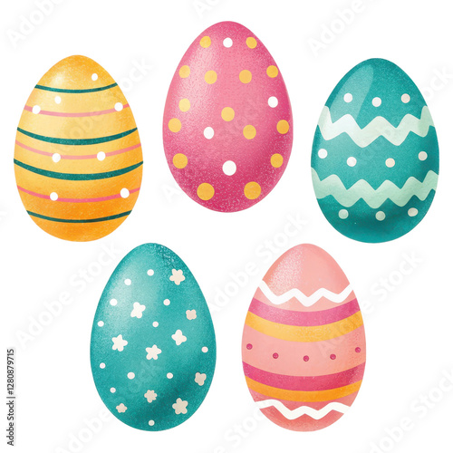 Six Pastel Easter Eggs with Various Patterns on Transparent Background