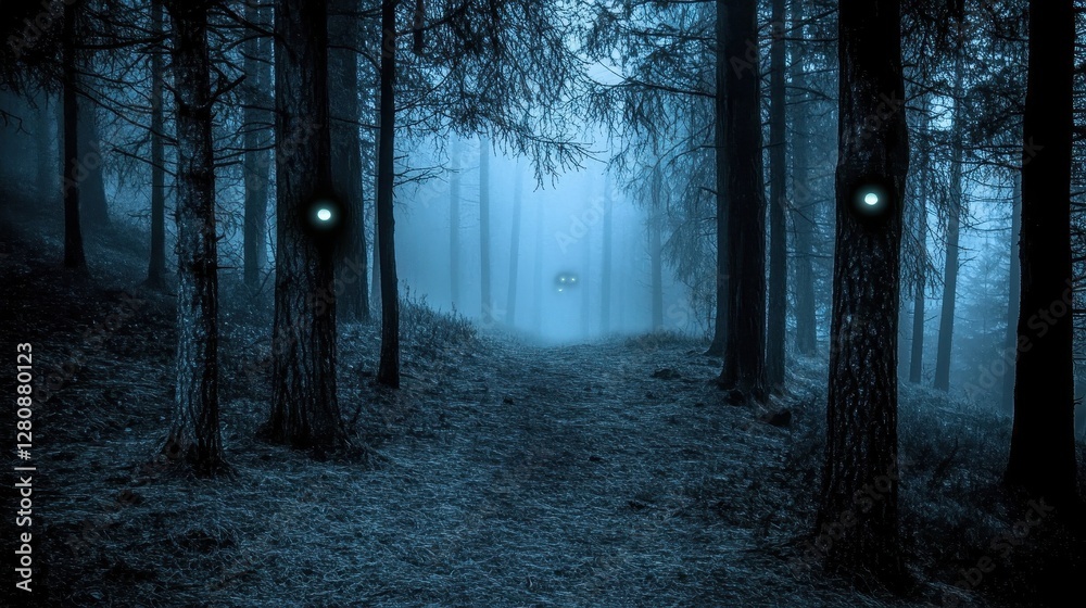 Fototapeta premium Mysterious Forest Path with Fog and Glowing Eyes at Night