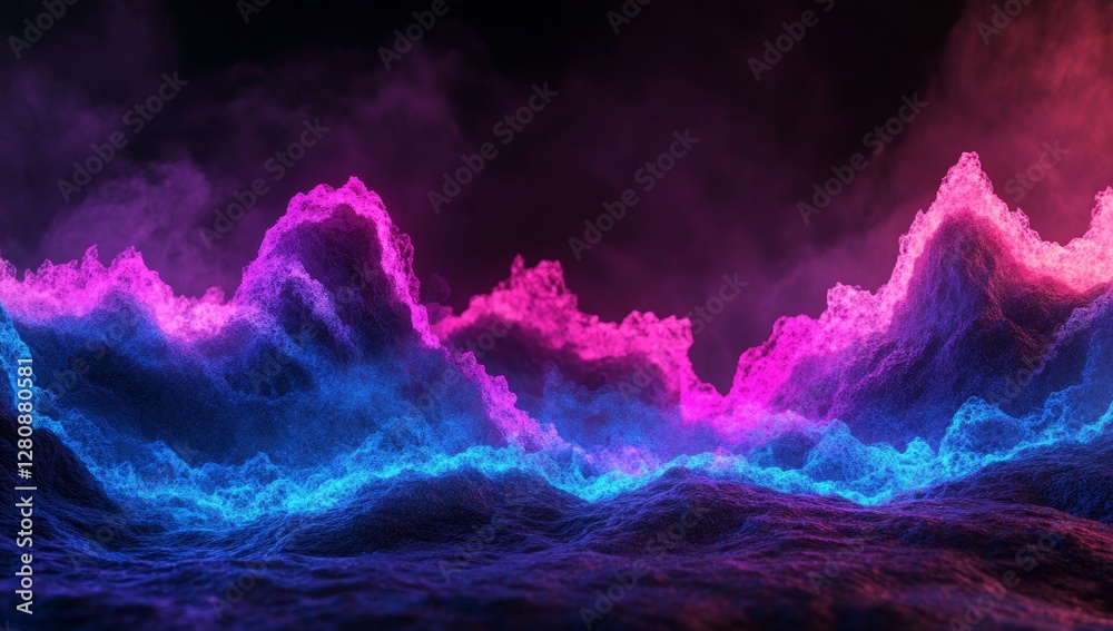 Fototapeta premium Big data is represented through a futuristic abstract background consisting of cybernetic patterns, shimmering particles, and dynamic waves created by points and lines in a 3D setting