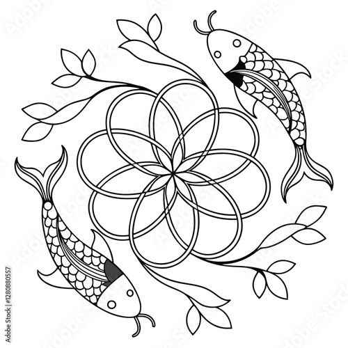 Koi Fish Mandala Coloring Page: Intricate Floral Design with Asian Carp, Printable Zen Art for Relaxation and Creative Expression