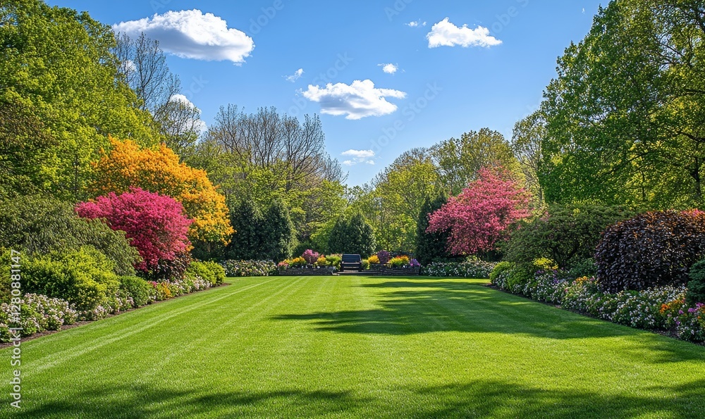 Vibrant spring nature backdrop with a pristine, neatly trimmed lawn and lush trees under a clear blue sky adorned with soft clouds on a sunny day Vibrant spring nature backdrop with a pristine, neatly trimmed lawn and lush trees under a clear blue sky adorned with soft clouds on a sunny day