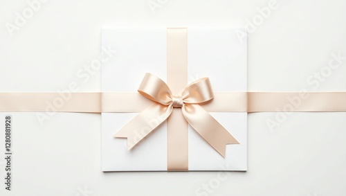 A delicate, satin-finish ribbon, tied in a perfect bow, rests upon a crisp, snow-white paper card, positioned against a clean, minimalist background, with the bow's loops and ends slightly undone, giv photo