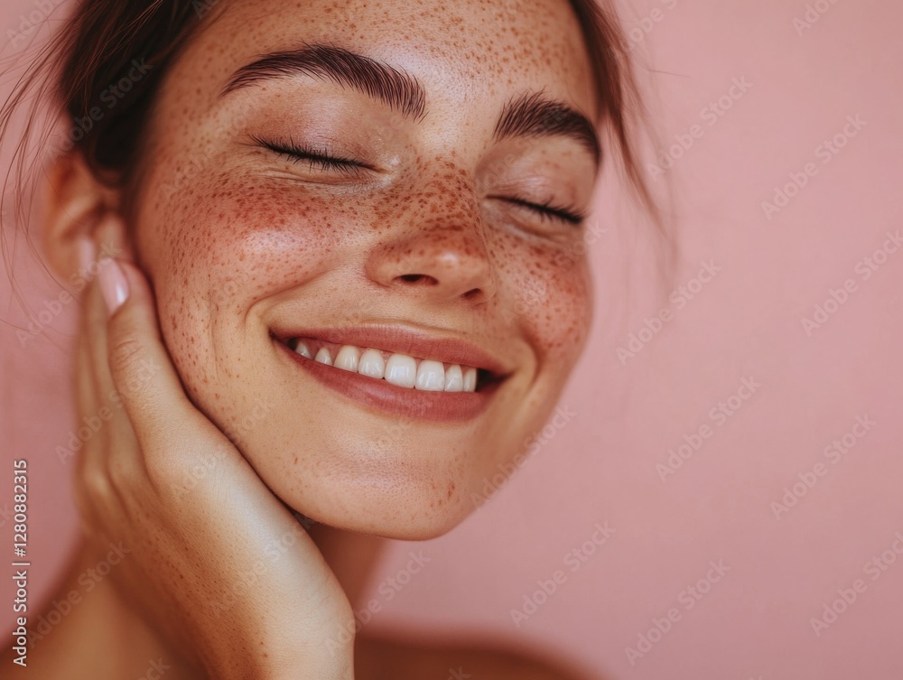 Smiling person with freckles on face, hands gently on cheeks, natural makeup highlighting skin texture. Smiling person with freckles on face, hands gently on cheeks, natural makeup highlighting skin texture.