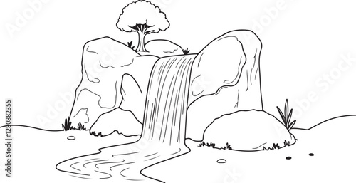 A vector style illustration of a stunning waterfall surrounded by natural elements like rocks, trees, and plants