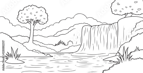A vector style illustration of a stunning waterfall surrounded by natural elements like rocks, trees, and plants