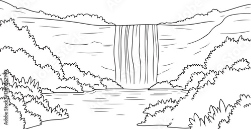 A vector style illustration of a stunning waterfall surrounded by natural elements like rocks, trees, and plants