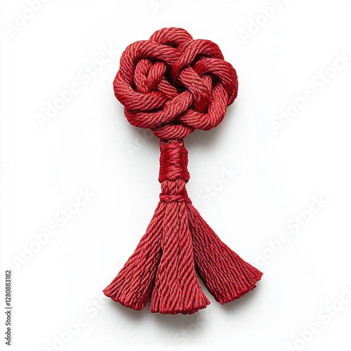 Intricate Crimson Decorative Knot with Tassel on White Background