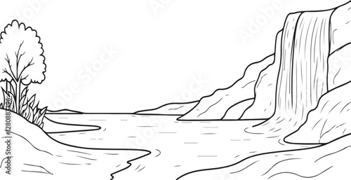 A vector style illustration of a stunning waterfall surrounded by natural elements like rocks, trees, and plants