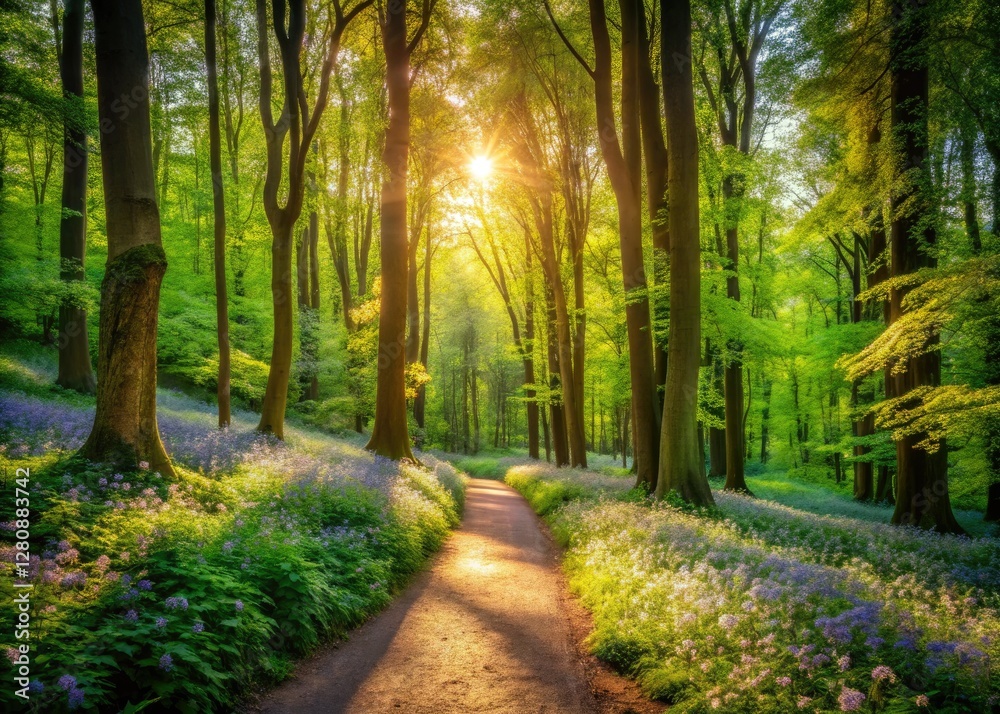 Fototapeta premium Winding road, awakening spring landscape; vibrant forest path photographed.