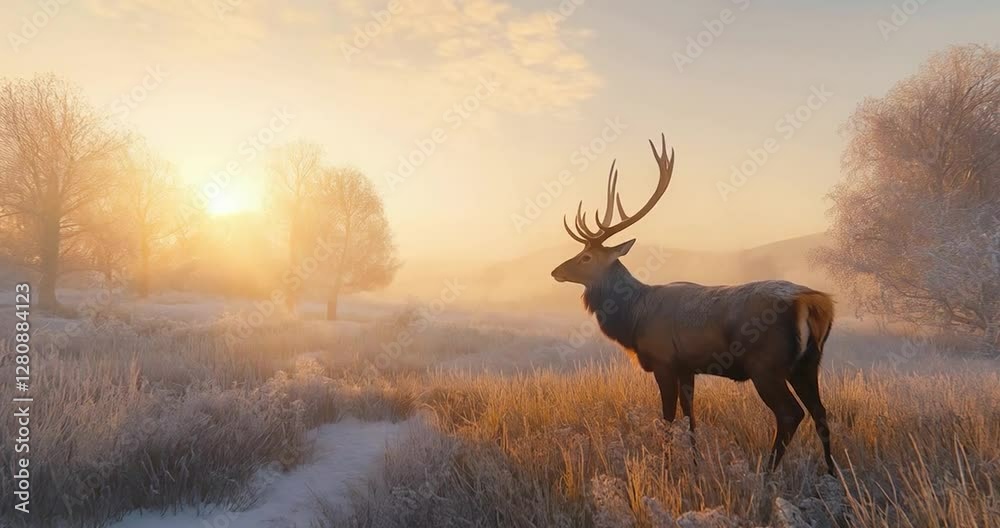 Deer standing in a field with snow, snow on the ground, and a sun in the background