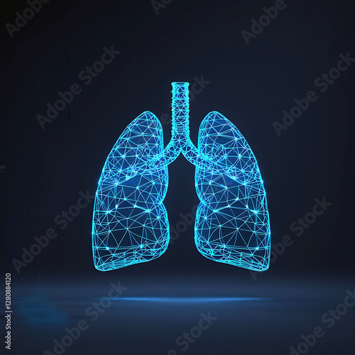 Futuristic Wireframe Lungs Illustration with Glowing Blue Effect