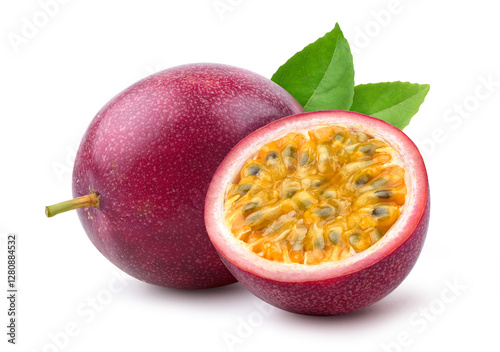 Passion fruit with cut in half isolated on white.