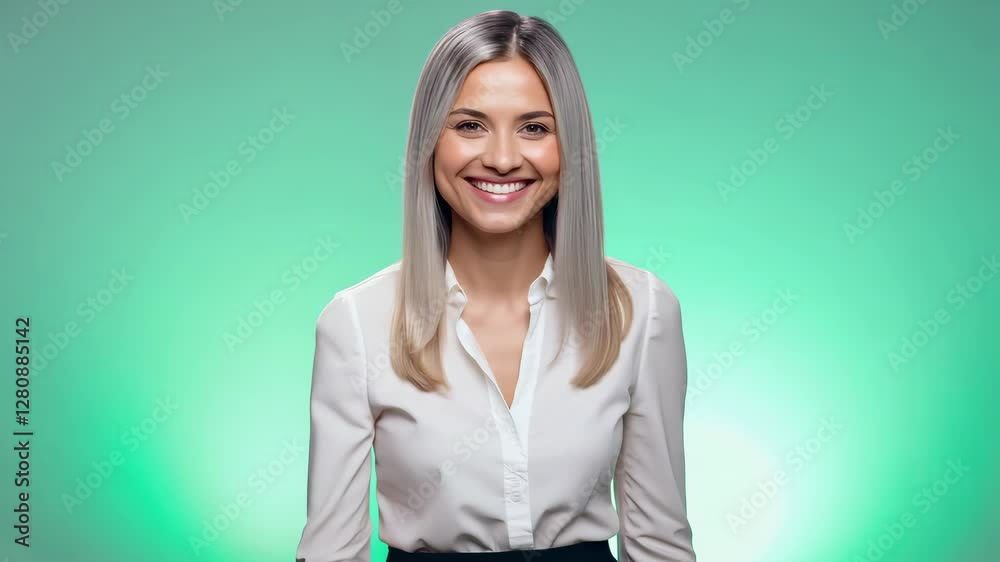 Woman illustrating a point with expressive gestures on a teal background Woman illustrating a point with expressive gestures on a teal background