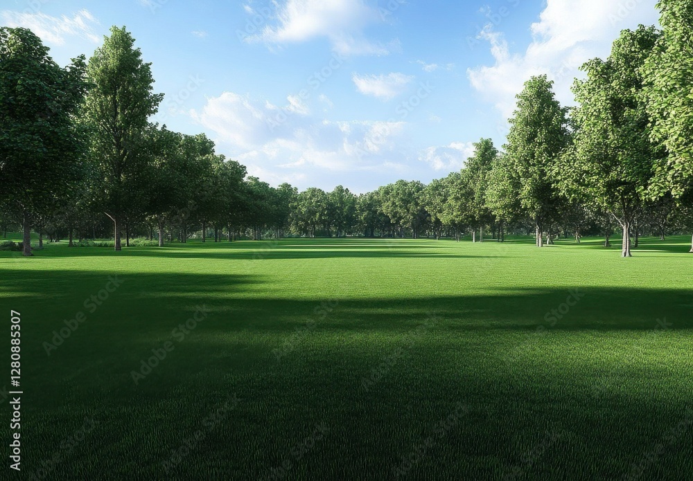 Lush Green Meadow with Rows of Tall Trees Under a Blue Sky on a Sunny Day Lush Green Meadow with Rows of Tall Trees Under a Blue Sky on a Sunny Day
