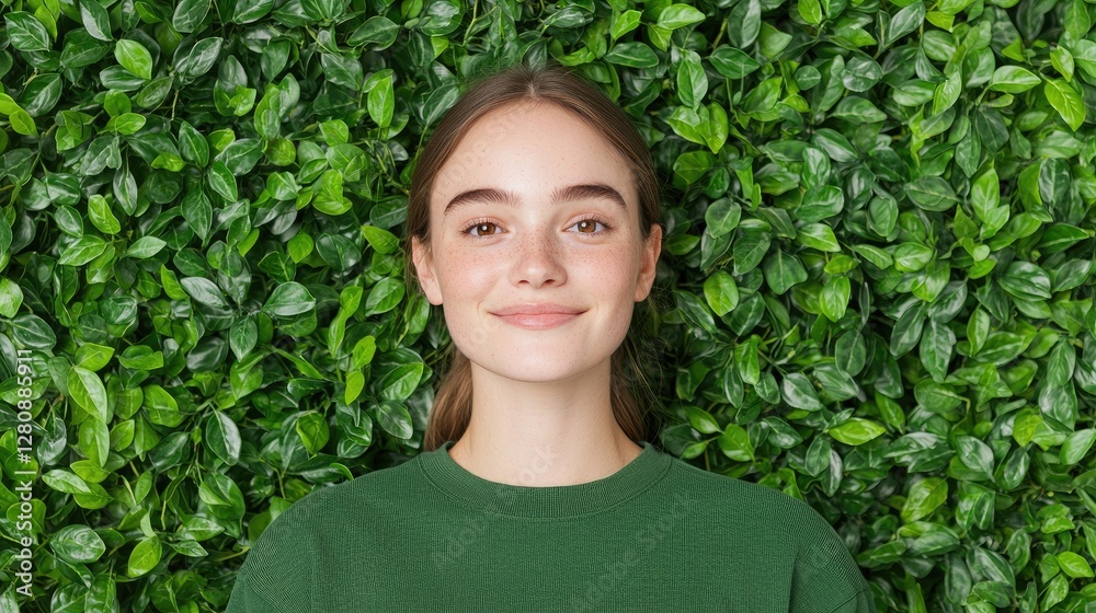 Woman Smiling, Lying on Green Leaves Background, Peaceful, Relaxation, Stock Photo Woman Smiling, Lying on Green Leaves Background, Peaceful, Relaxation, Stock Photo