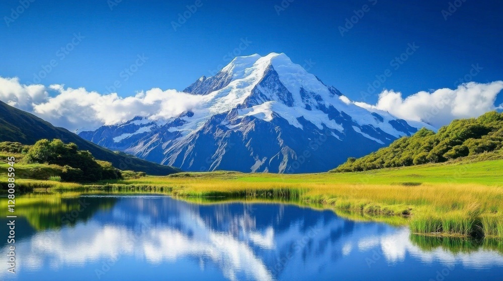 Majestic Snow Capped Mountain Reflected in Calm Lake with Green Field Under Clear Blue Sky Majestic Snow Capped Mountain Reflected in Calm Lake with Green Field Under Clear Blue Sky