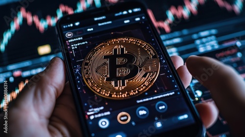 Hand Holding Smartphone with Bitcoin Graphic and Trading Charts photo