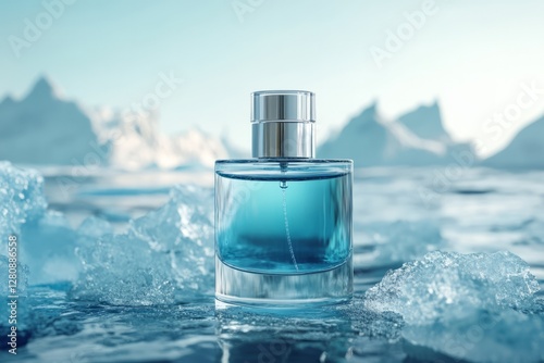 Perfume bottle mockup for design and branding, with iceberg background